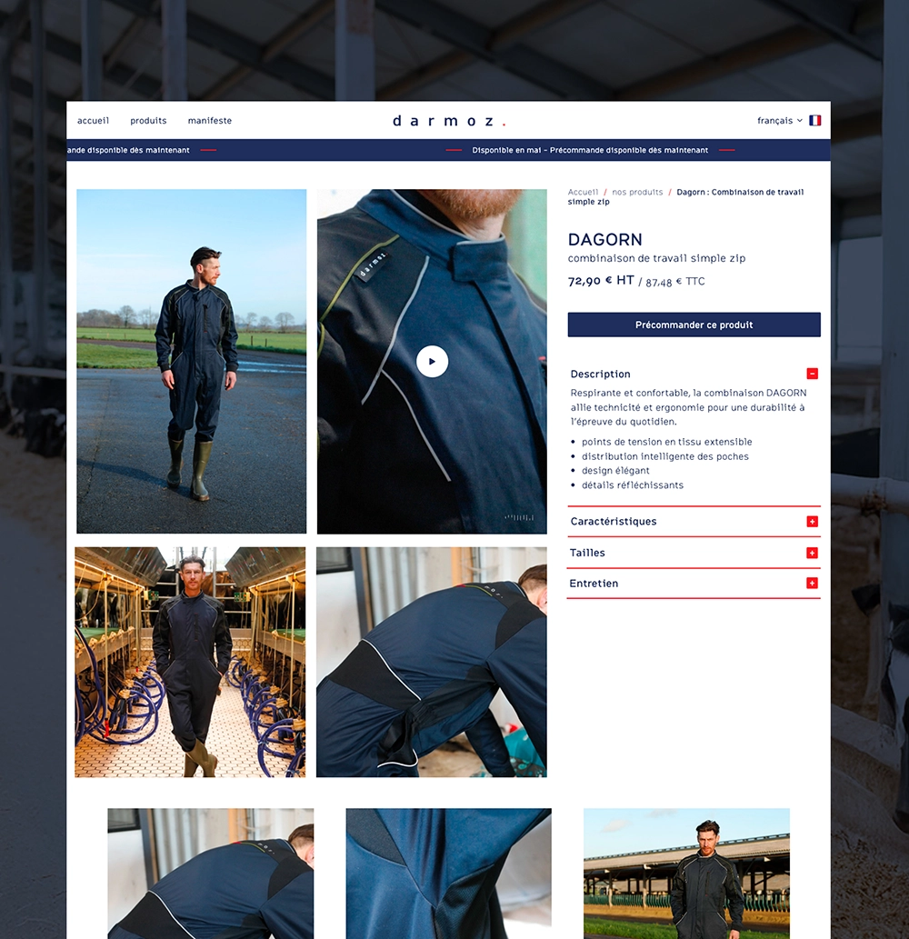 Maquette page produit du site internet Darmoz. Une réalisation de l'agence web Azelty