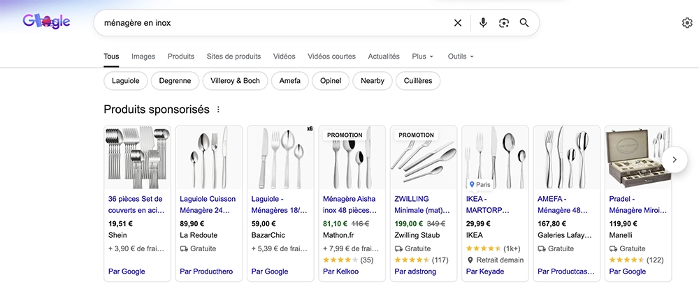 Exemple ede résultats sur Google shopping