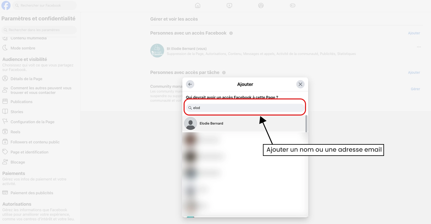 6 - ajouter un nom ou une adresse email - ajouter un administrateur a une page facebook