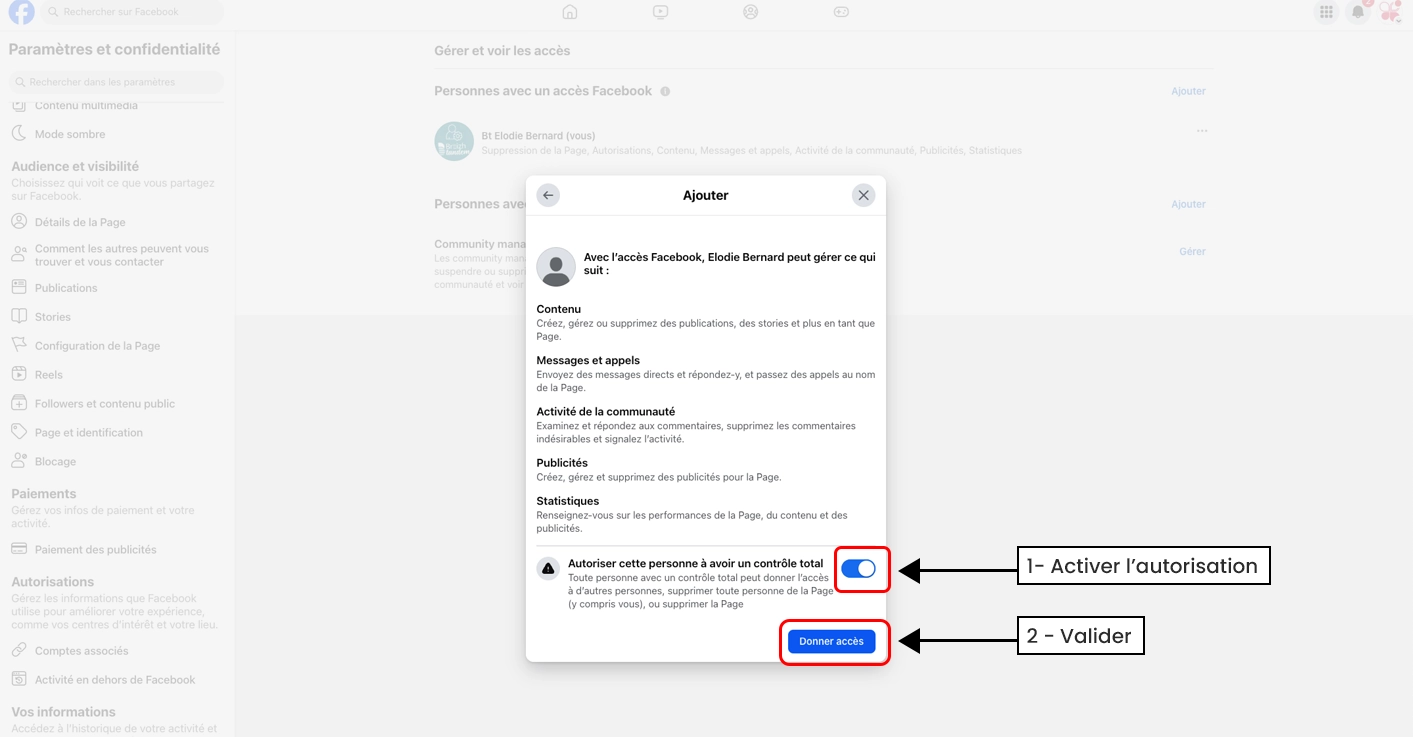 7 - autoriser l'accès et valider - ajouter un administrateur a une page facebook