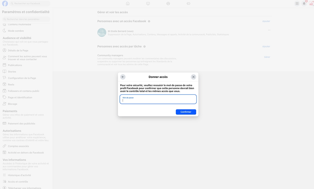 8 - saisir votre mot de passe - ajouter un administrateur a une page facebook